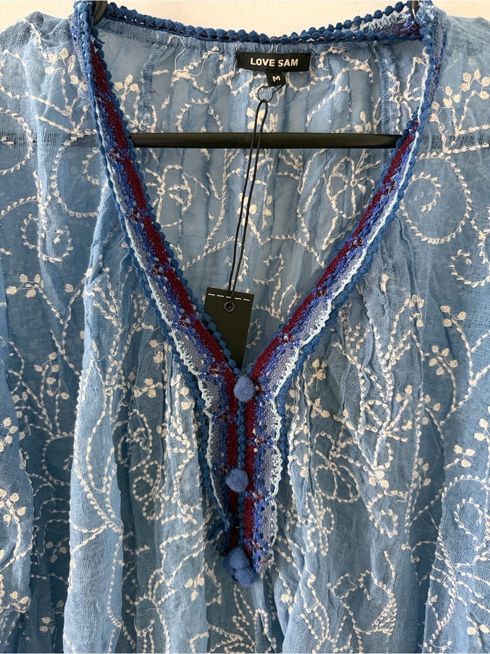 Love Sam Blue Embroidered V-Neck Peasant Top with Navy & Burgundy Trim